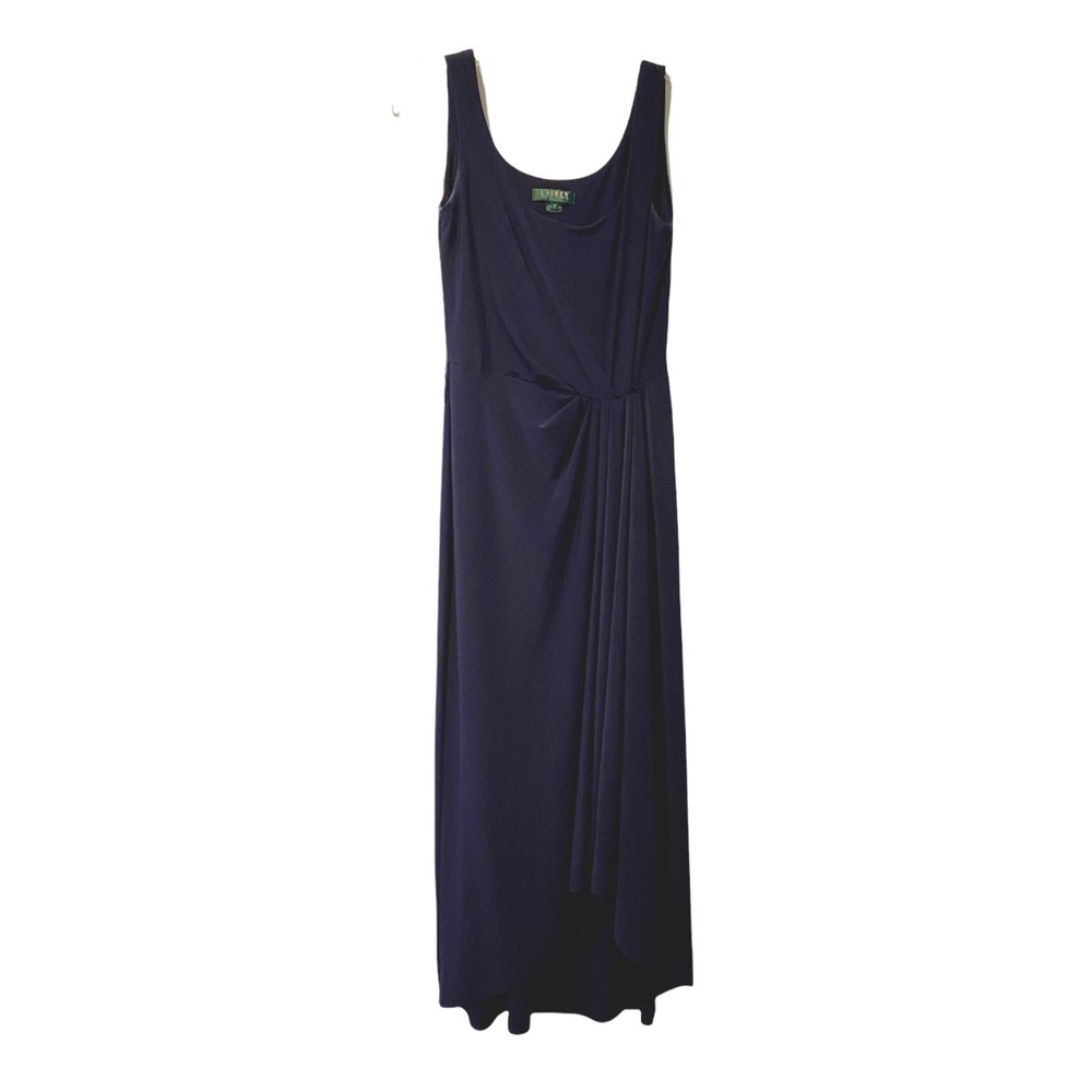 Lauren Ralph Lauren Size 2 Blue Maxi Dress Faux Wrap High Low Hem Sleeveless